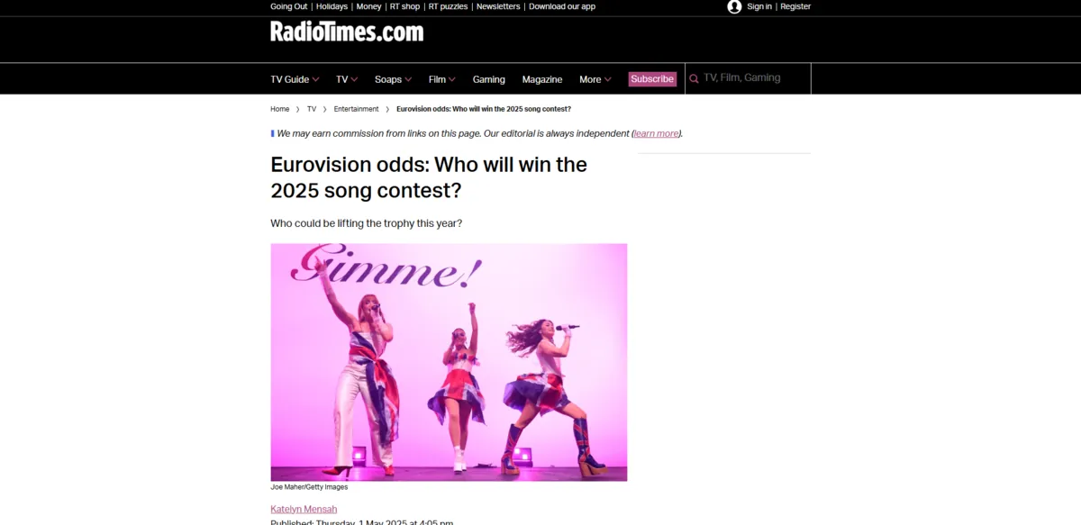 Radio Times article 'Eurovision odds: Who will win the 2025 song contest?'