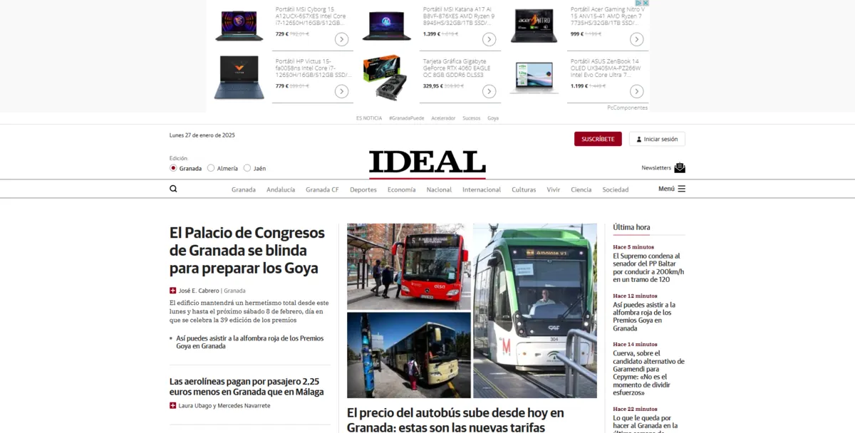 Home page of IDEAL, a newspaper in Andalusia