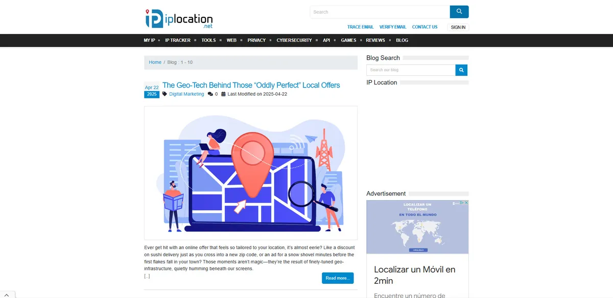 Home page of IP Location, a tech site