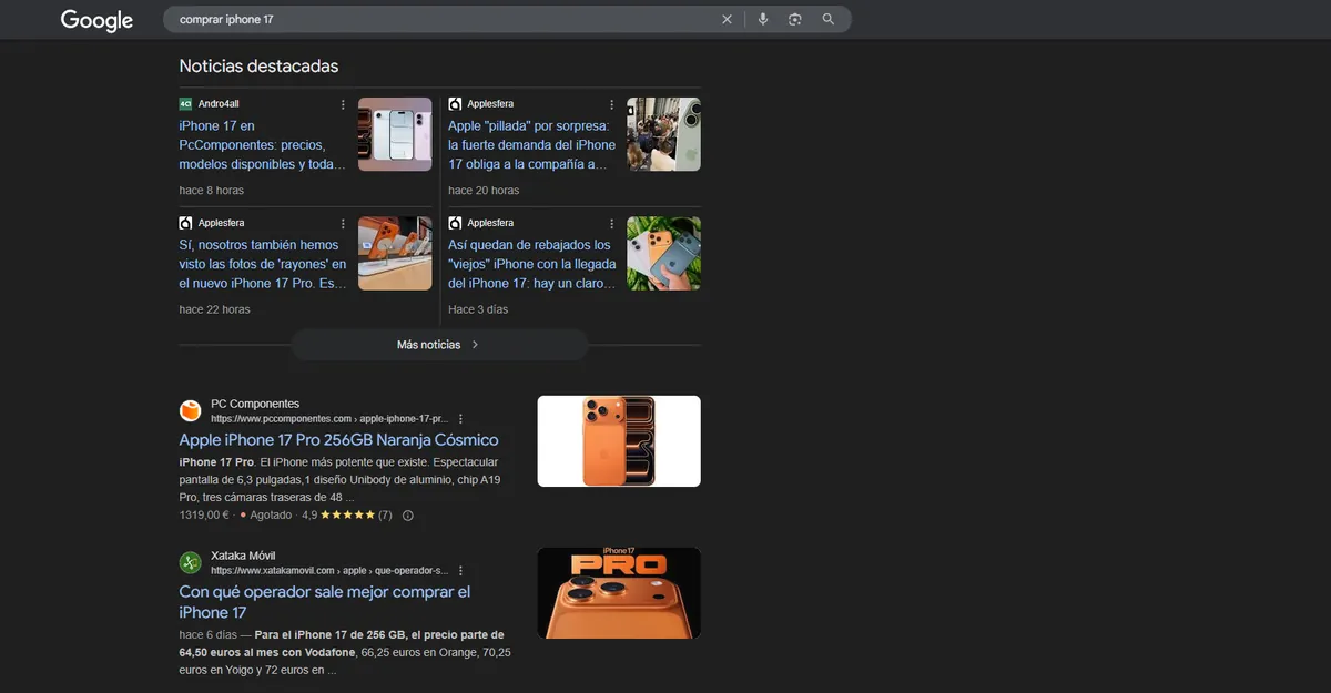 Google results for 'comprar iphone 17' with top stories from Applesfera and Andro4all