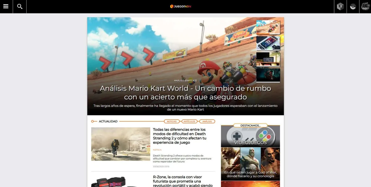Home page of Juegos ADN, a Spanish video game site