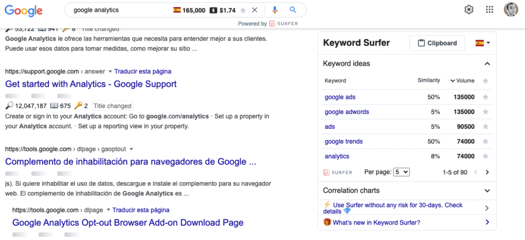 Keyword Surfer extension showing volume and keyword ideas on Google for 'google analytics'