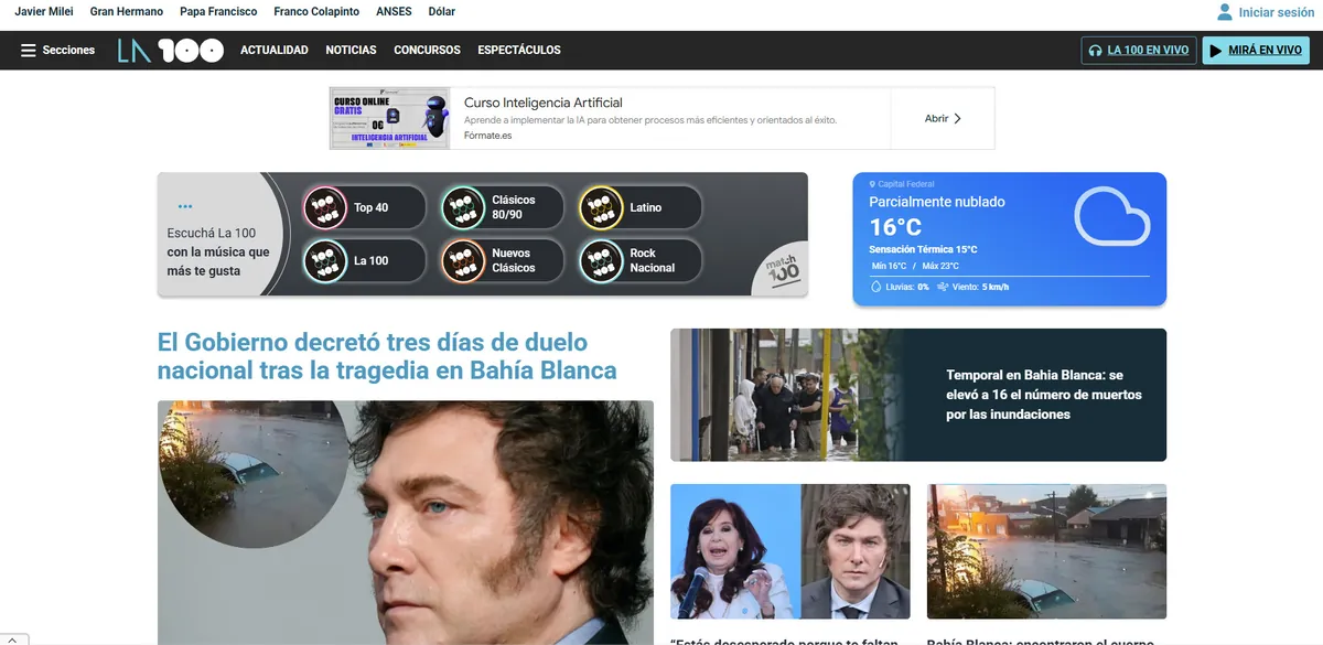 Home page of La 100, an Argentine newspaper