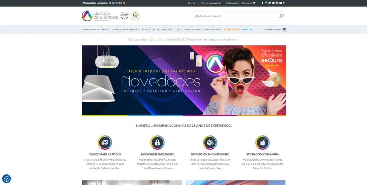 Home page of La Casa de la Lámpara, a Spanish home decor site