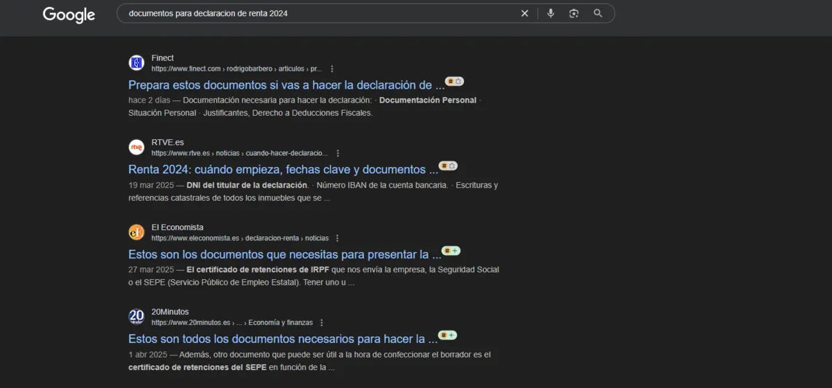 Resultados de Google para 'documentos para declaracion de renta 2024' con Finect y RTVE