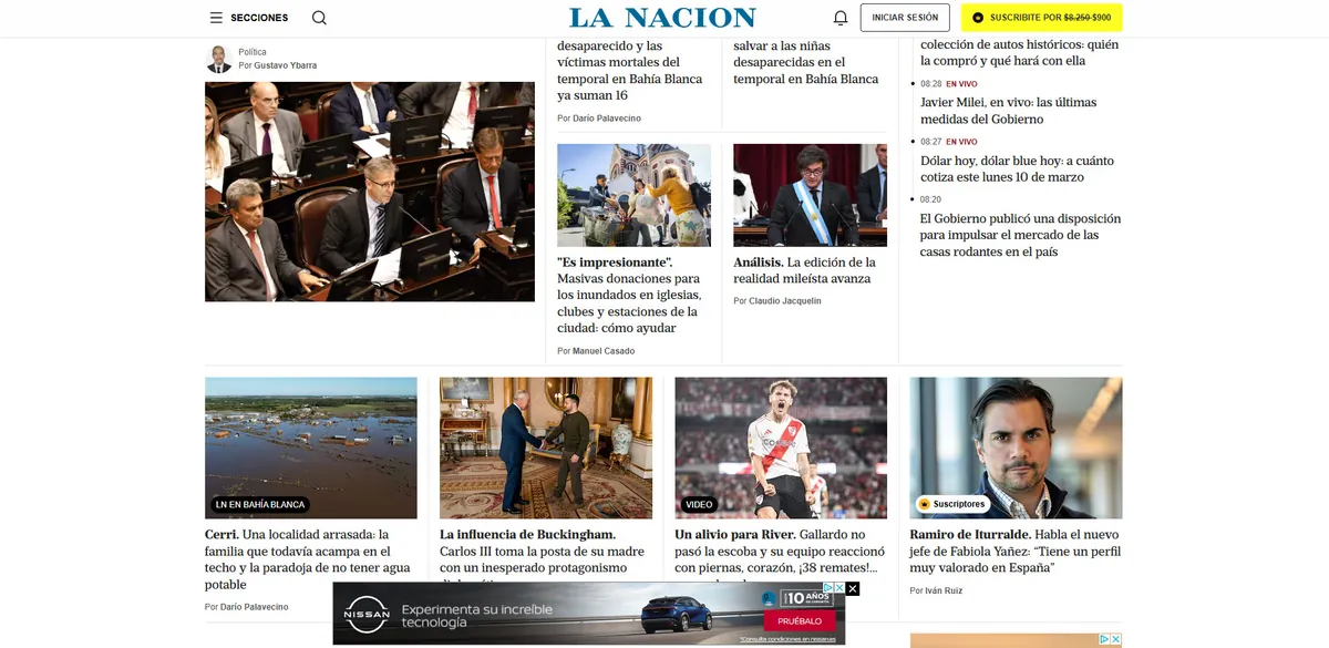 Home page of La Nación, an Argentine newspaper