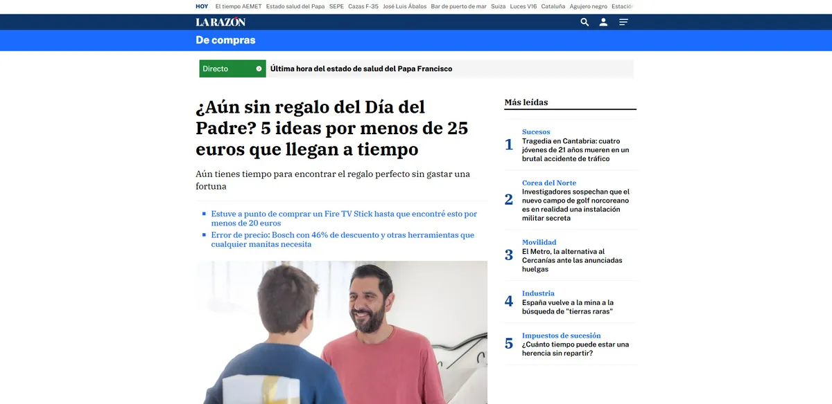 La Razón shopping section article with Father's Day gifts under 25 euros