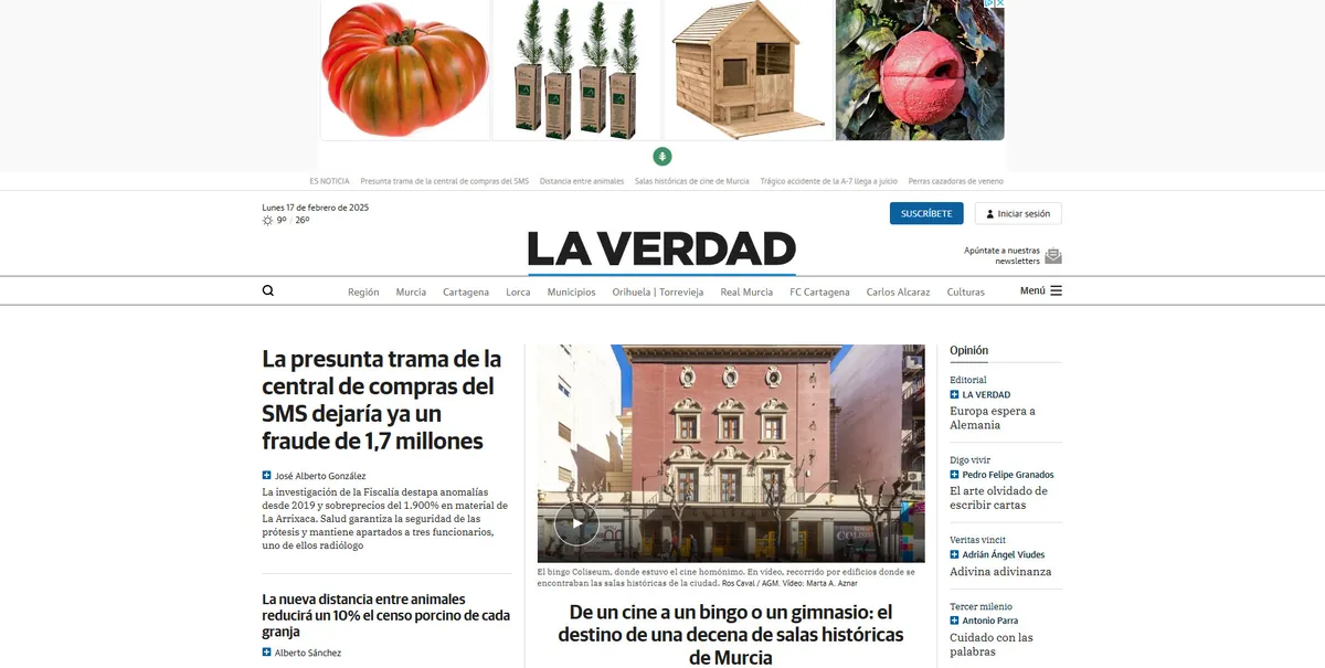 Home page of La Verdad, a newspaper in Murcia