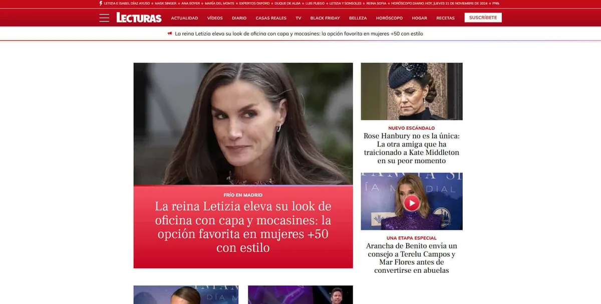 Home page of Lecturas, a Spanish-language celebrity magazine