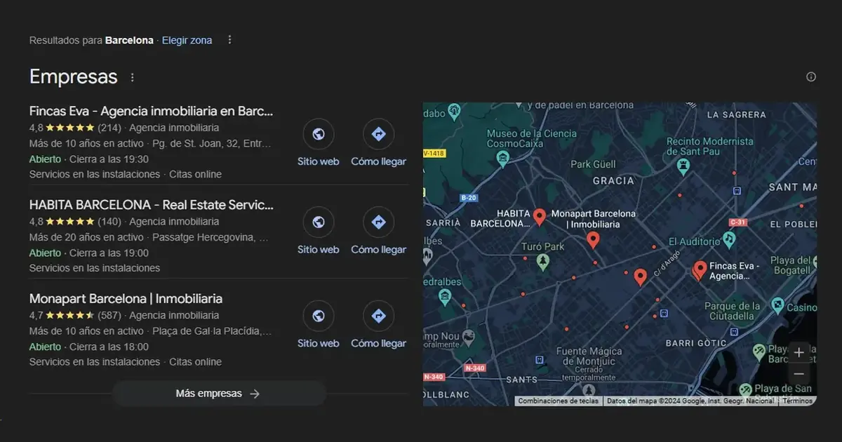 Resultados locales de Google con inmobiliarias de Barcelona, mapa y valoraciones