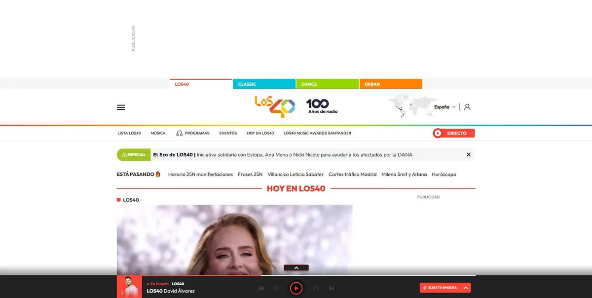 Home page of Los 40, a Spanish radio station