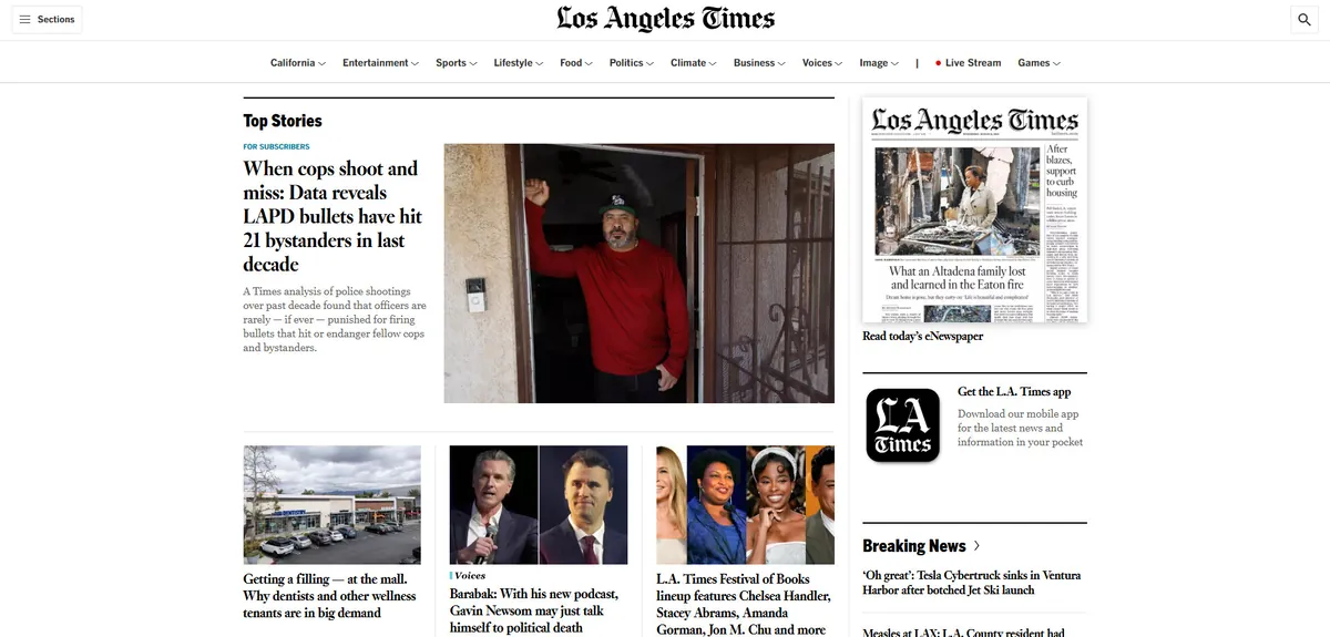 Home page of Los Angeles Times, a US newspaper