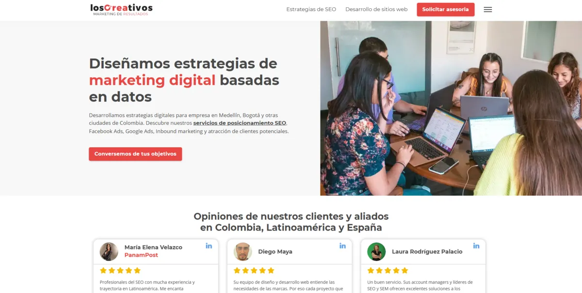 Home page of Los Creativos, an SEO agency in Colombia