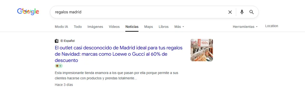 Google News results for 'regalos madrid' with an El Español article