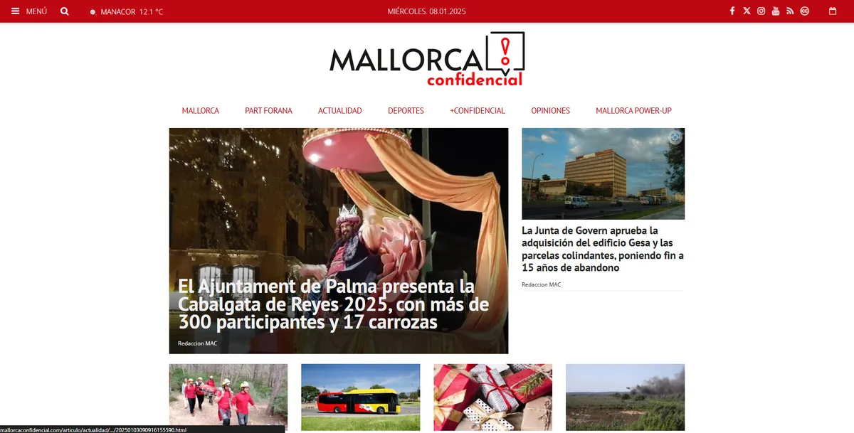 Home page of Mallorca Confidencial, a newspaper in the Balearic Islands