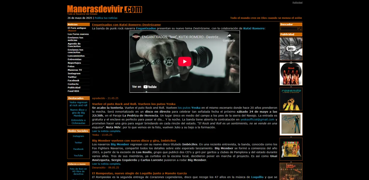 Home page of Manerasdevivir, a Spanish music site