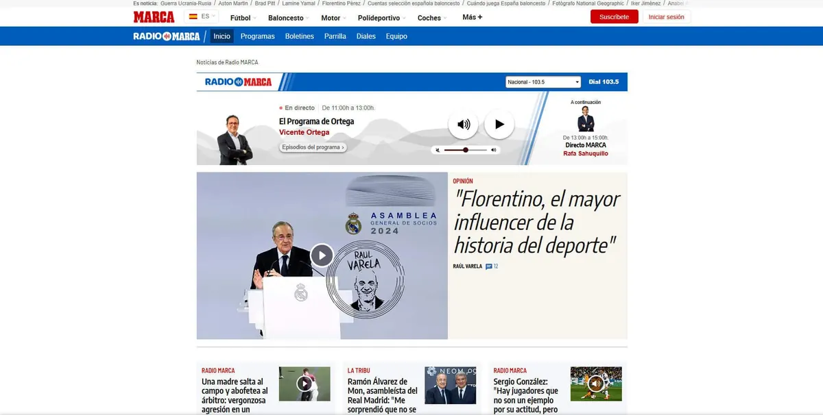 Home page of Marca, a Spanish radio station