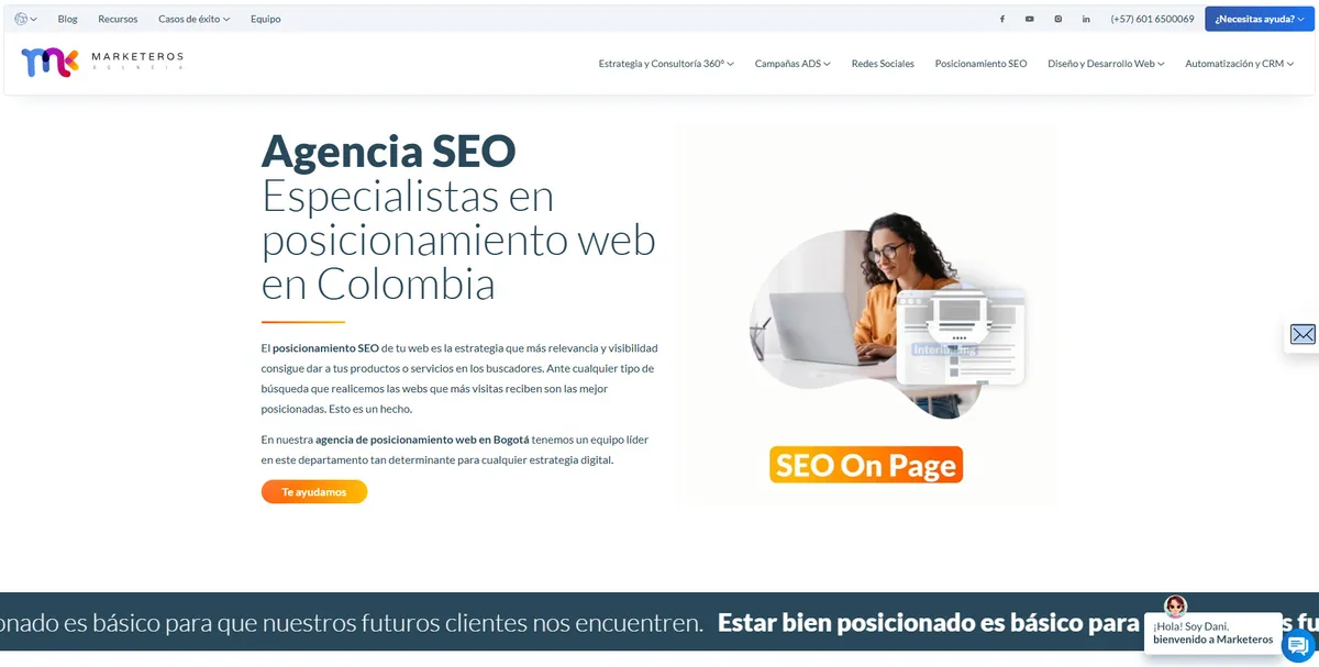 Home page of Marketeros Agencia, an SEO agency in Colombia