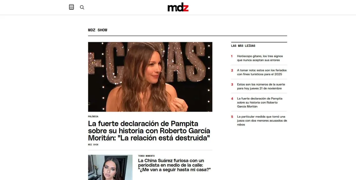 Home page of Mdzol, a Spanish-language celebrity magazine