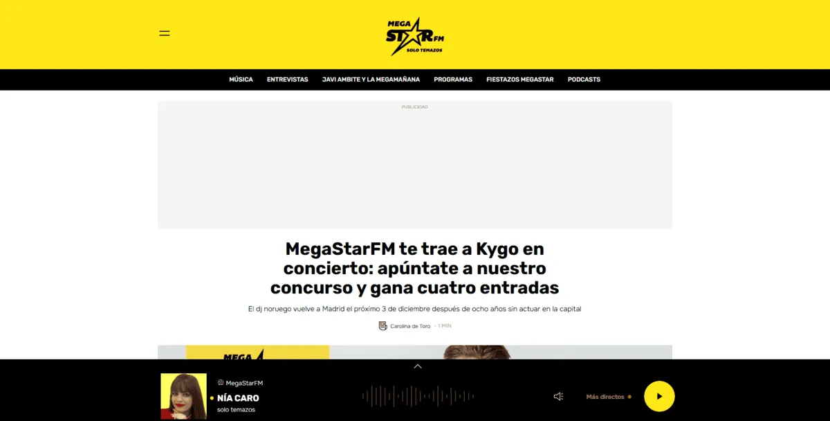 Home page of MegaStar FM, a Spanish radio station