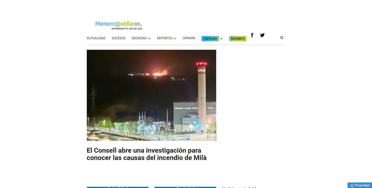 Home page of Menorca al día, a newspaper in the Balearic Islands