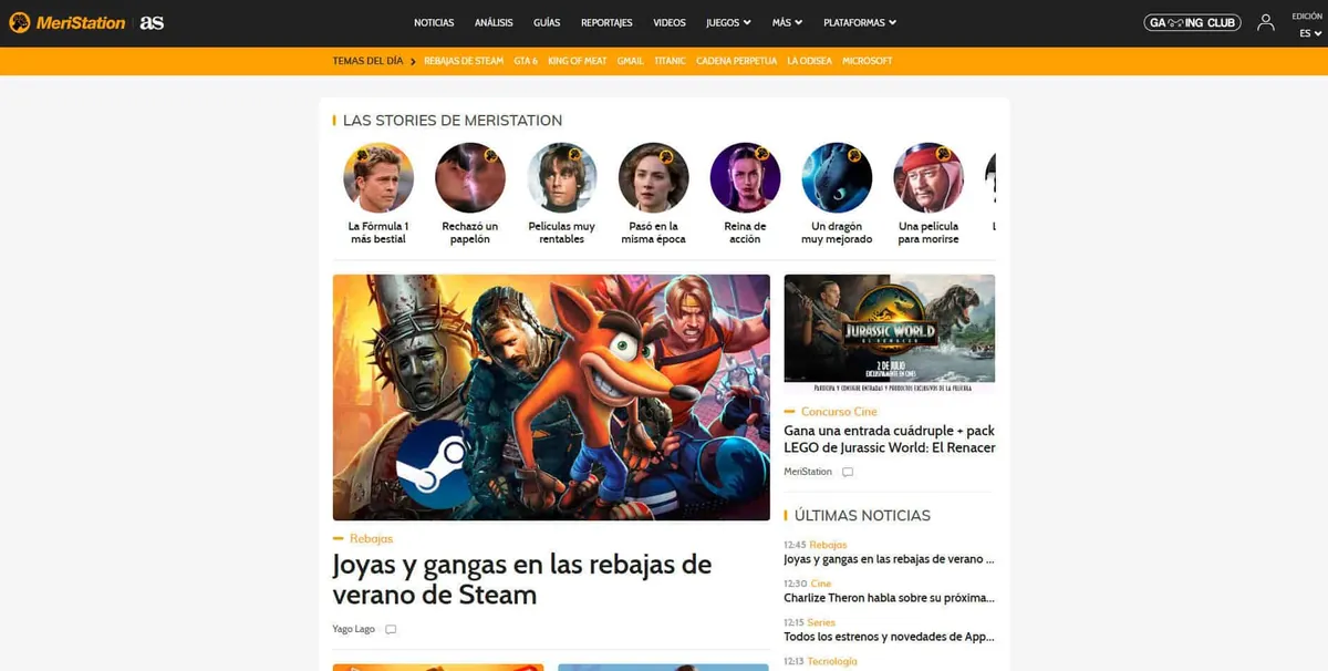 Home page of MeriStation, a Spanish video game site