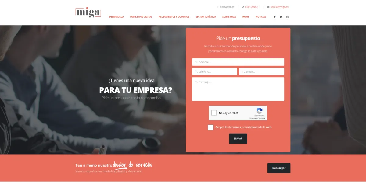 Home page of Miga, an SEO agency in Seville