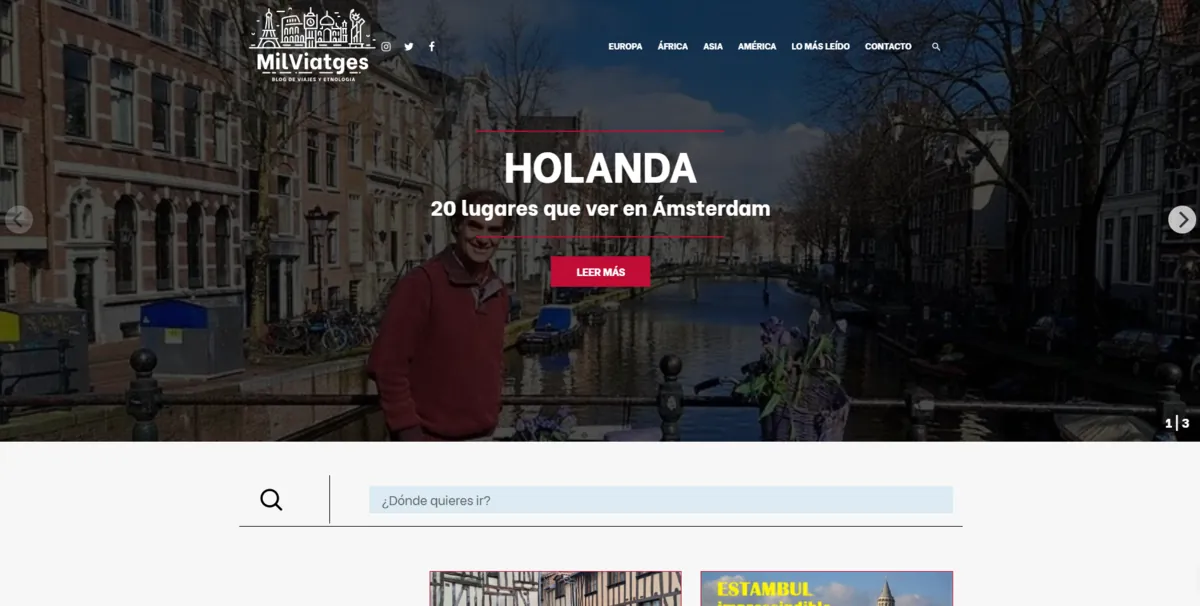 Home page of Mil Viatges, a Spanish travel site