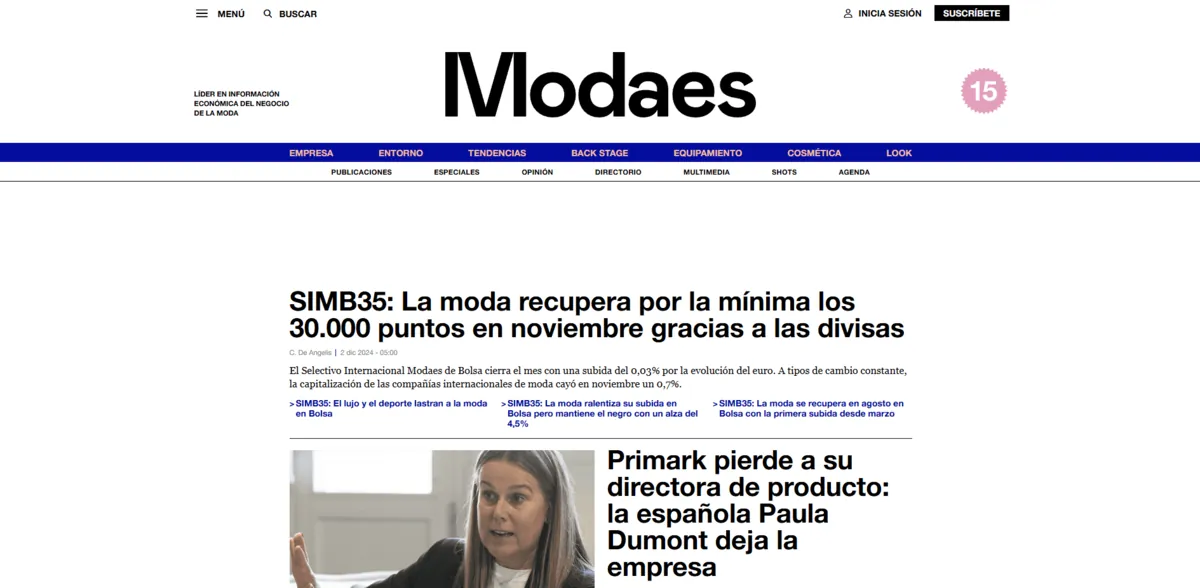 Home page of Modaes, a Spanish fashion magazine