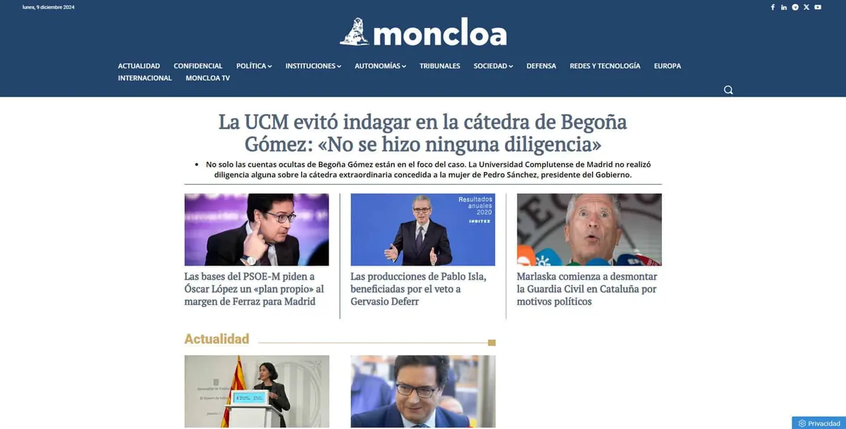 Home page of Moncloa, a newspaper in Madrid