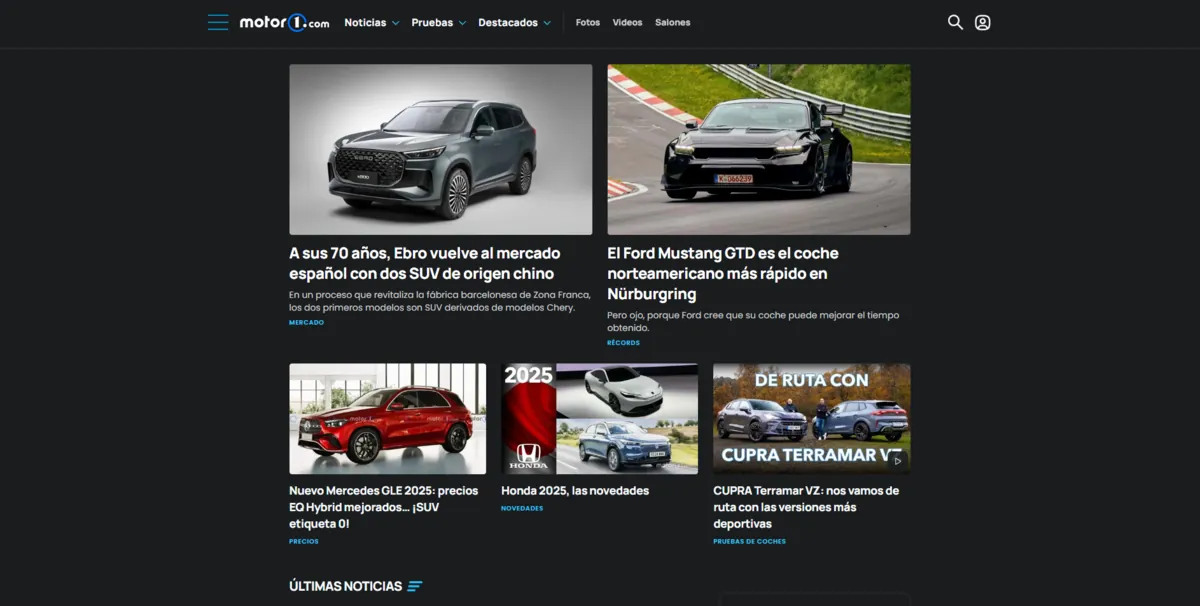 Home page of Motor1, a Spanish motoring site