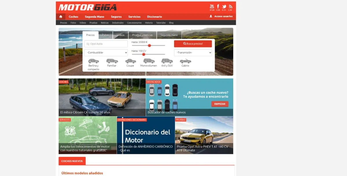 Home page of MotorGiga, a Spanish motoring site