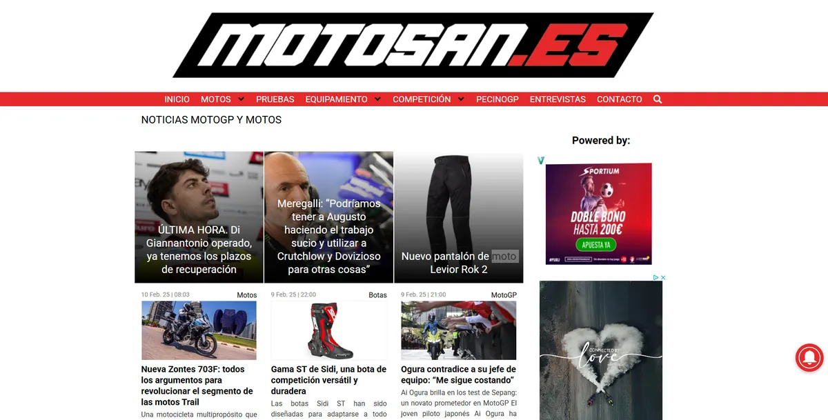 Home page of Motosan, a Spanish motorcycle site