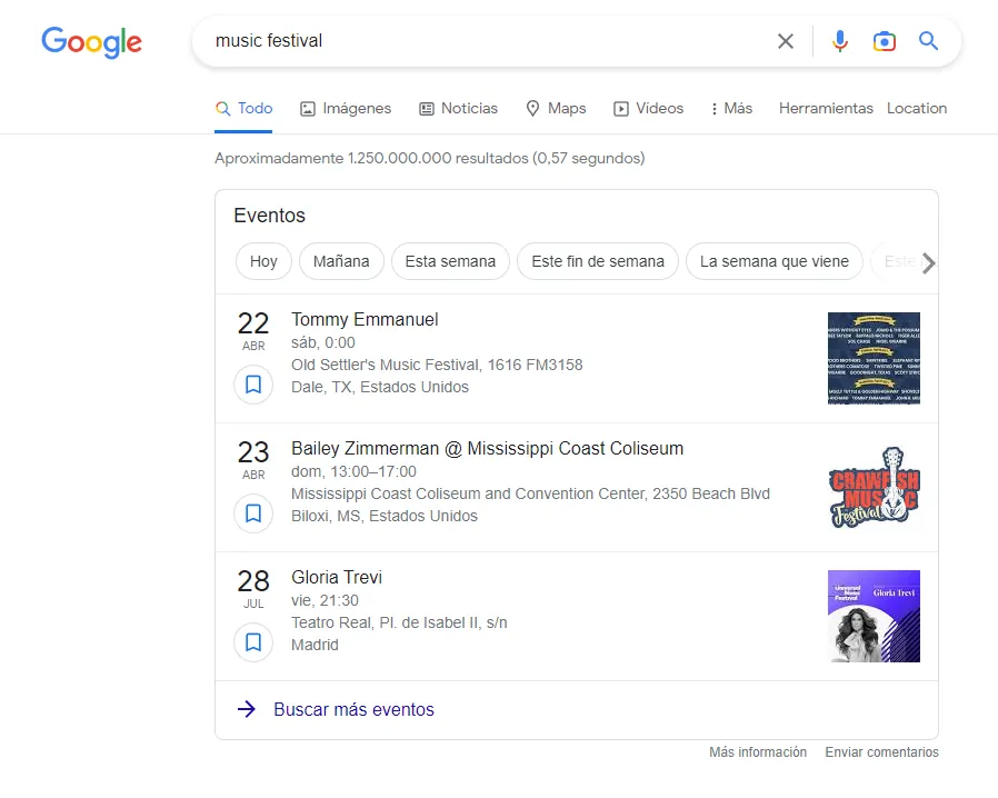 Google events module for 'music festival' without the client's event