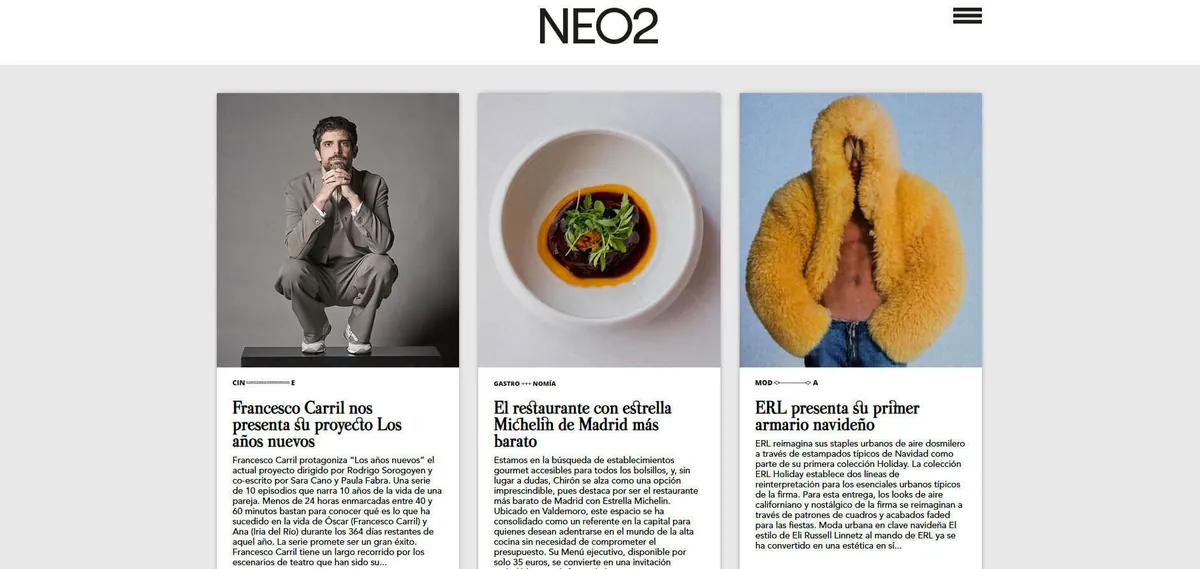 Home page of Neo2, a Spanish fashion magazine