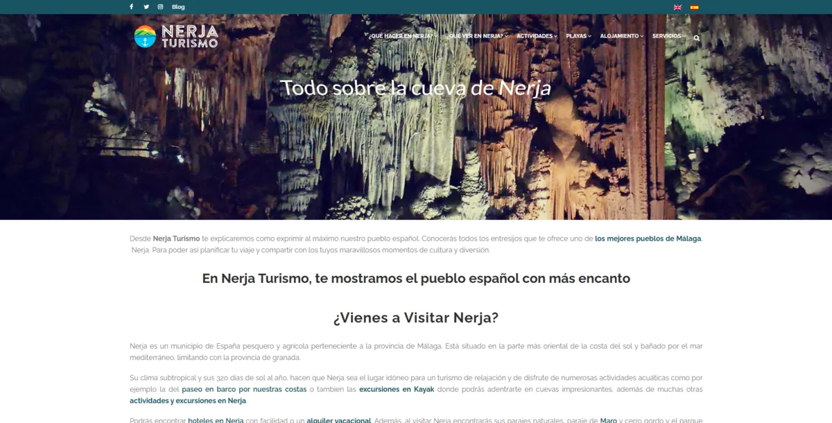 Home page of Nerja Turismo, a Spanish travel site