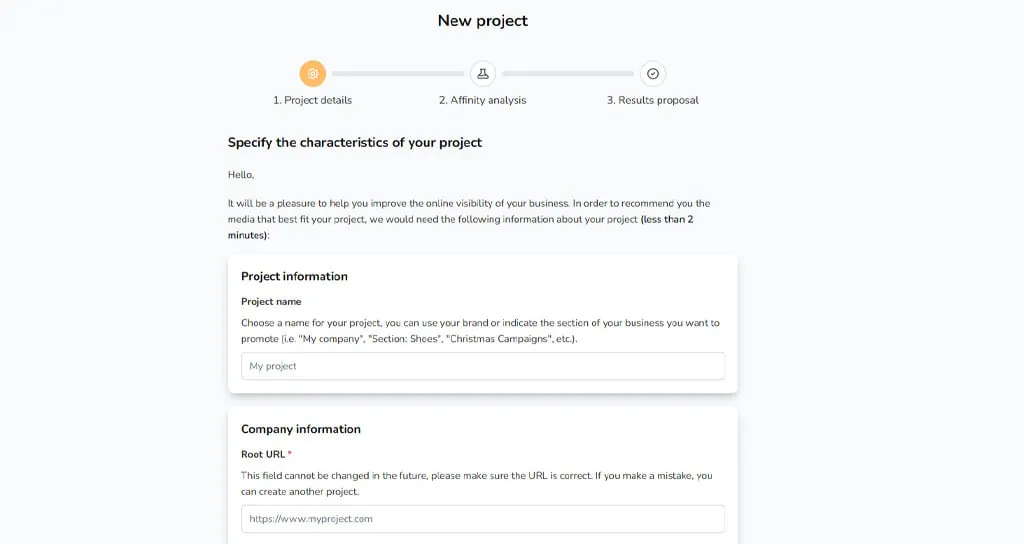 Growwer new project form, step 1: project name and root URL