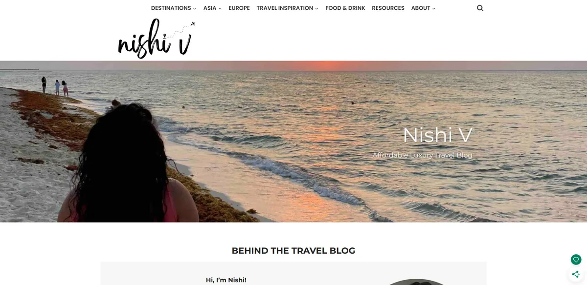 Home page of Nishi V, a UK travel site