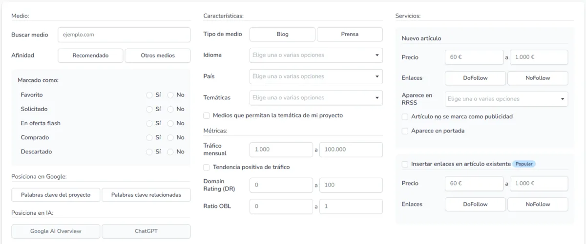 Filtros del catálogo de medios de Growwer por país, idioma, temática y métricas
