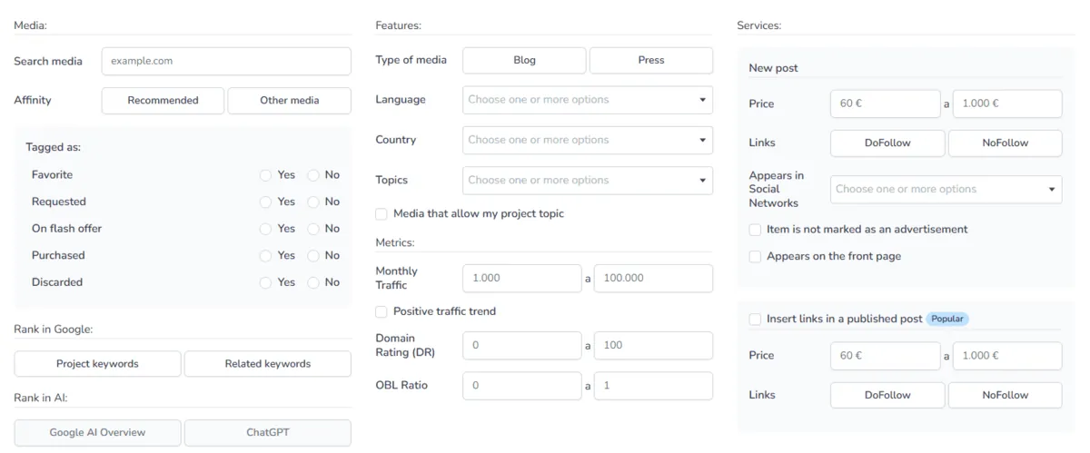 Growwer media catalogue filters by country, language, topic, metrics and AI ranking