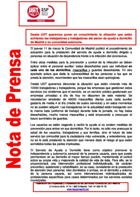 UGT Madrid press release with logo, headline and footer boxed in red