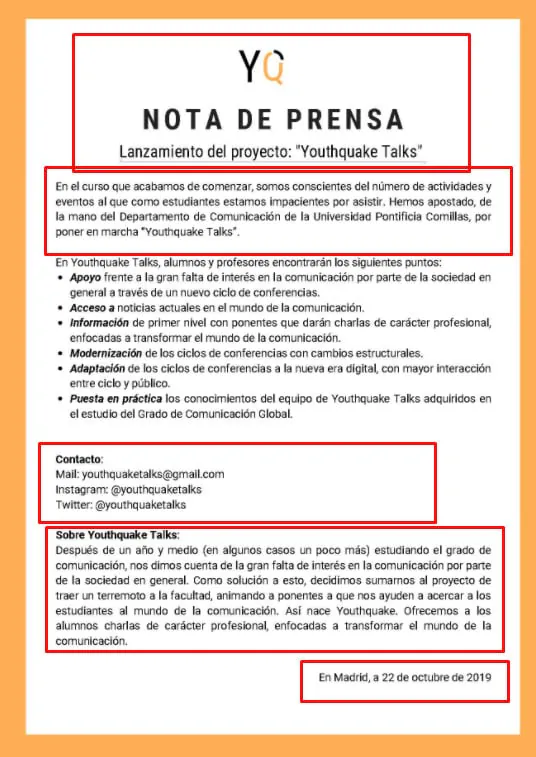 Youthquake Talks press release with header, lead and contact details boxed in red