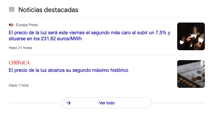 Google Top stories module with electricity price news from Europa Press and Crónica