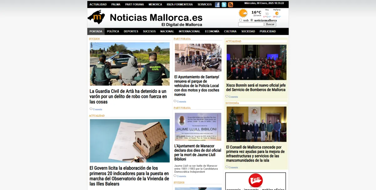 Home page of Noticias Mallorca, a newspaper in the Balearic Islands