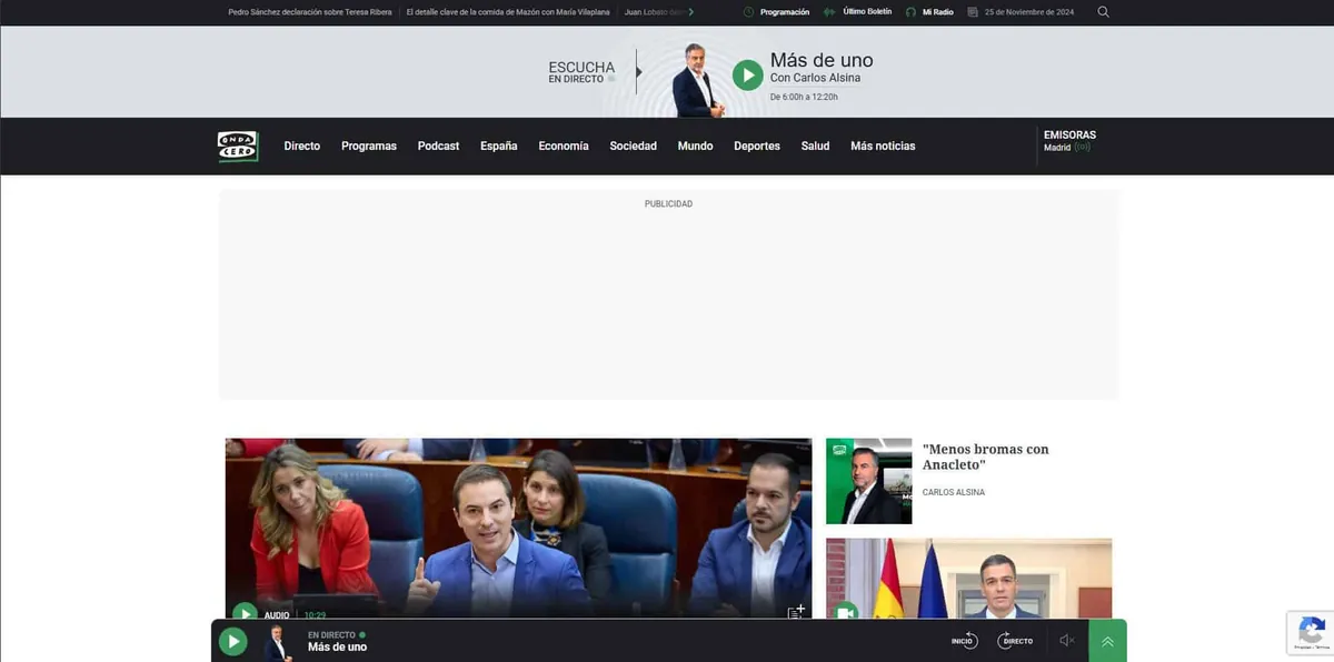 Home page of Onda Cero, a Spanish radio station
