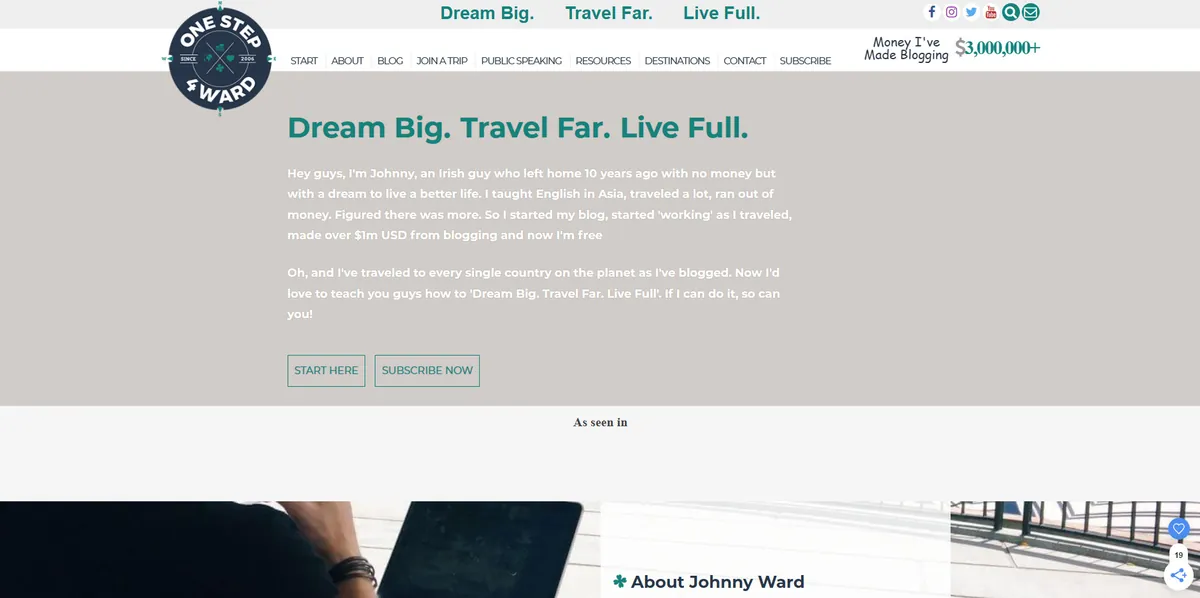 Home page of One Step 4Ward, a US travel site