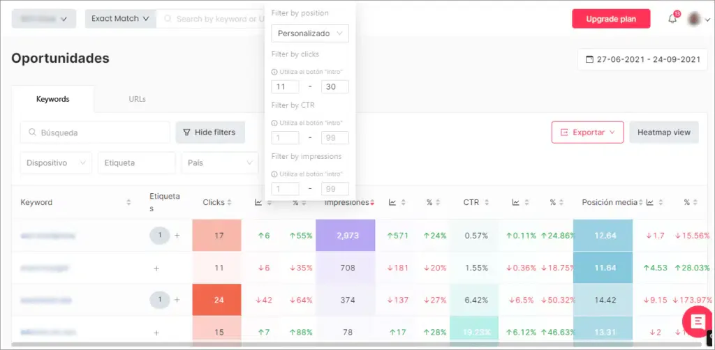 SEOCrawl opportunities report filtered to keywords ranking in positions 11 to 30
