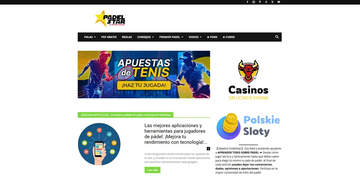 Home page of PadelStar, a Spanish sports site