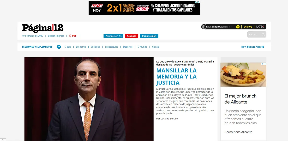 Home page of Página/12, an Argentine newspaper