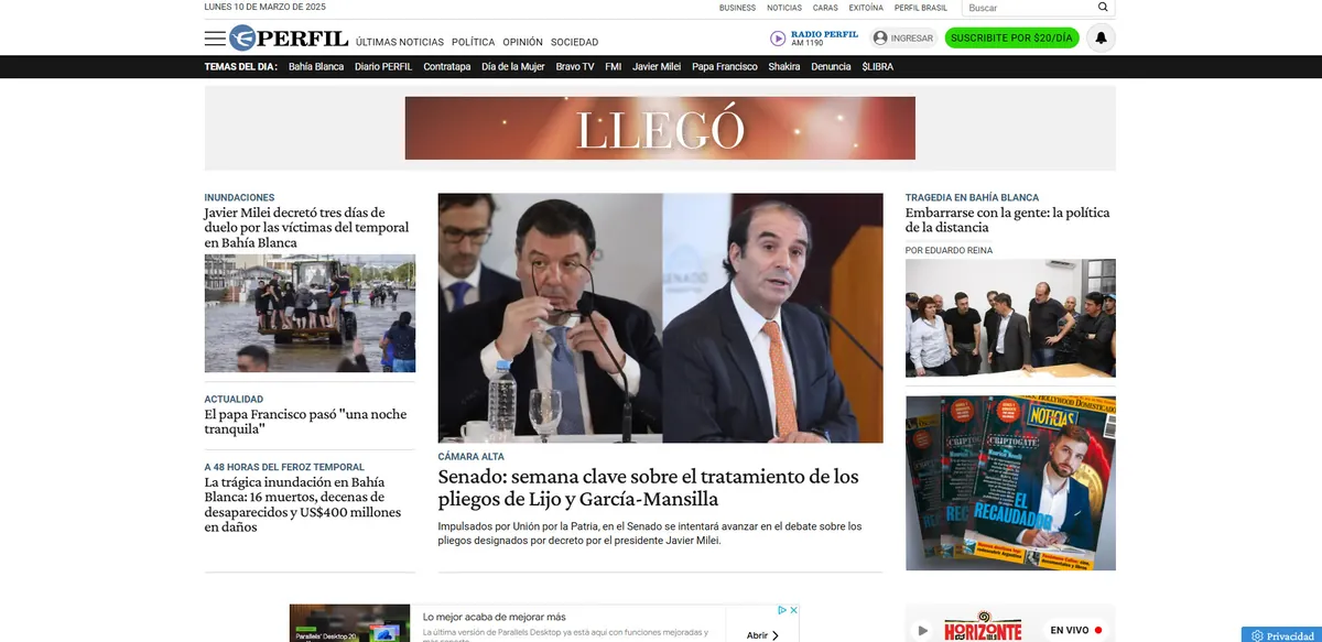 Home page of Perfil, an Argentine newspaper